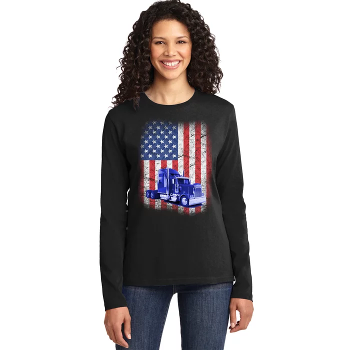 Vintage American Trucker USA Flag Ladies Long Sleeve Shirt