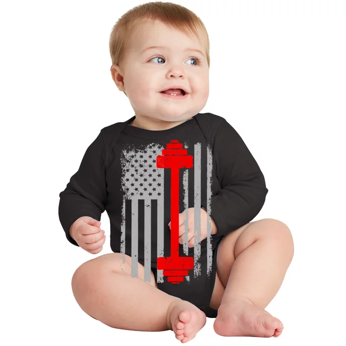 Vintage American Weight Training Flag Baby Long Sleeve Bodysuit