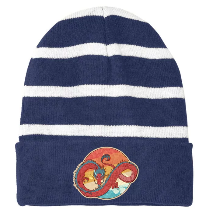 Vintage Asian Dragon Emblem Striped Beanie with Solid Band