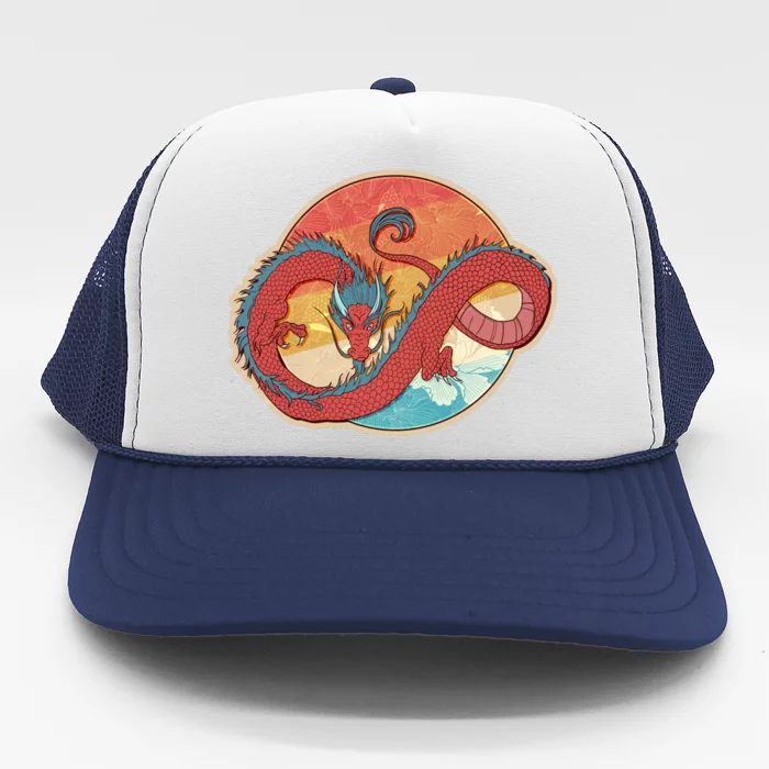 Vintage Asian Dragon Emblem Trucker Hat