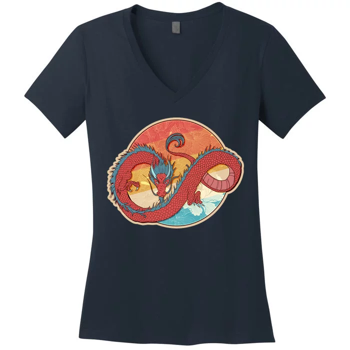 Vintage Asian Dragon Emblem Women's V-Neck T-Shirt