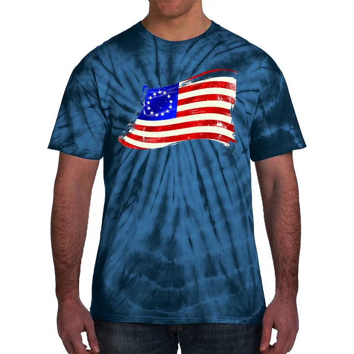 Vintage Betsy Ross 4th Of July American Waving Flag Tie-Dye T-Shirt