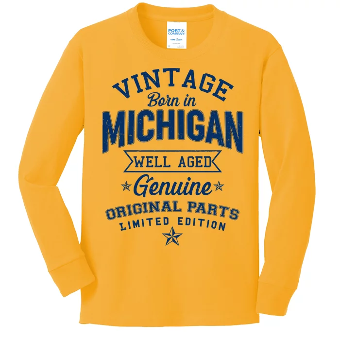 Vintage Born In Michigan Well Aged Kids Long Sleeve Shirt