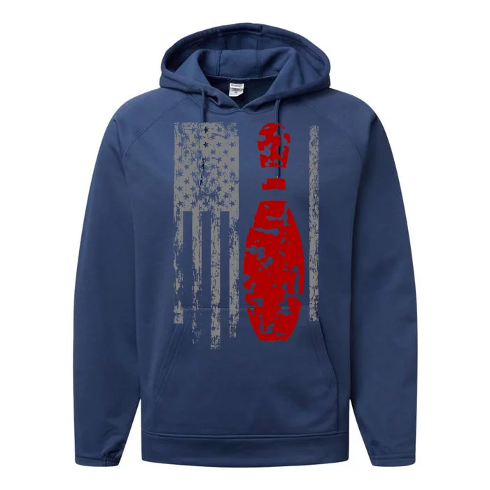 Vintage Bowling American Flag Performance Fleece Hoodie