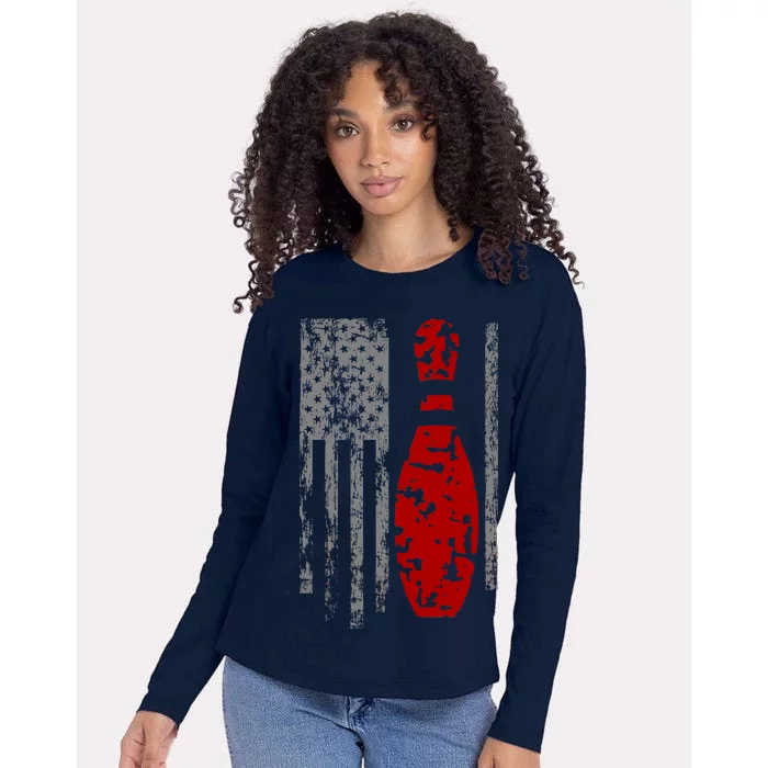 Vintage Bowling American Flag Womens Cotton Relaxed Long Sleeve T-Shirt