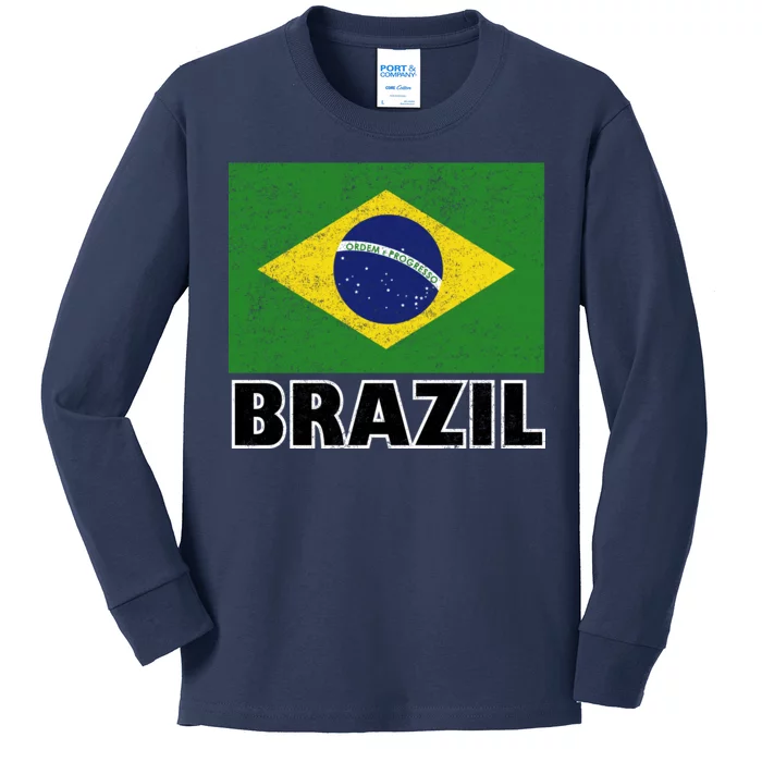 Vintage Brazil Flag Kids Long Sleeve Shirt