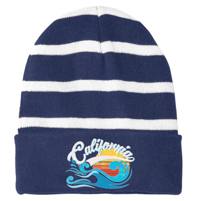 Vintage California Wave Logo Striped Beanie with Solid Band