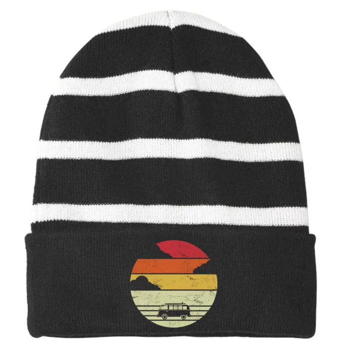 Vintage Camping Sunset Striped Beanie with Solid Band