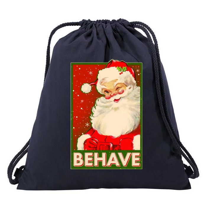 Vintage Christmas Behave Winking Santa Claus Drawstring Bag