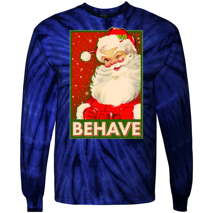 Vintage Christmas Behave Winking Santa Claus Tie-Dye Long Sleeve Shirt