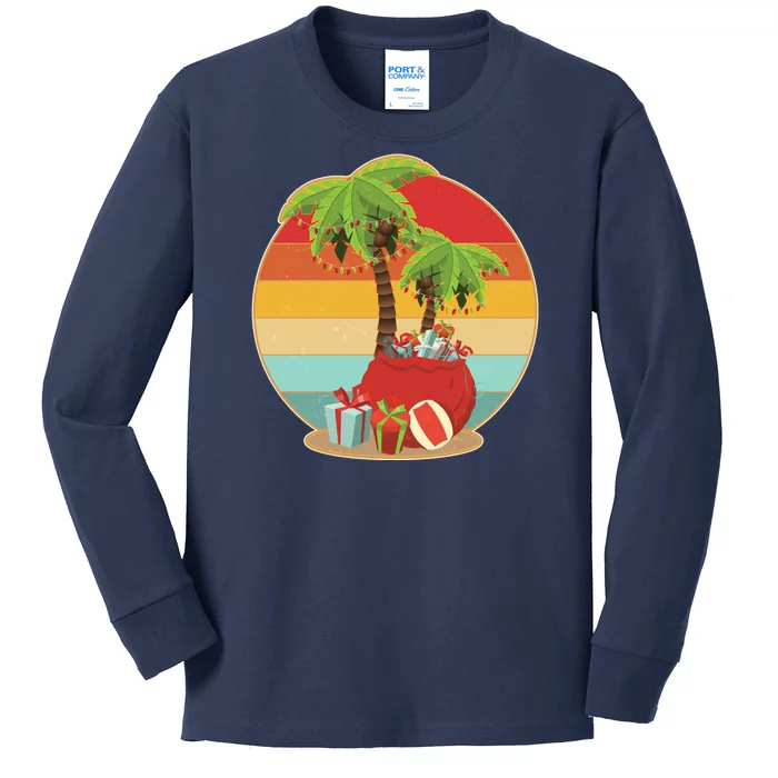 Vintage Christmas Palm Tree and Presents Christmas In July Kids Long Sleeve Shirt