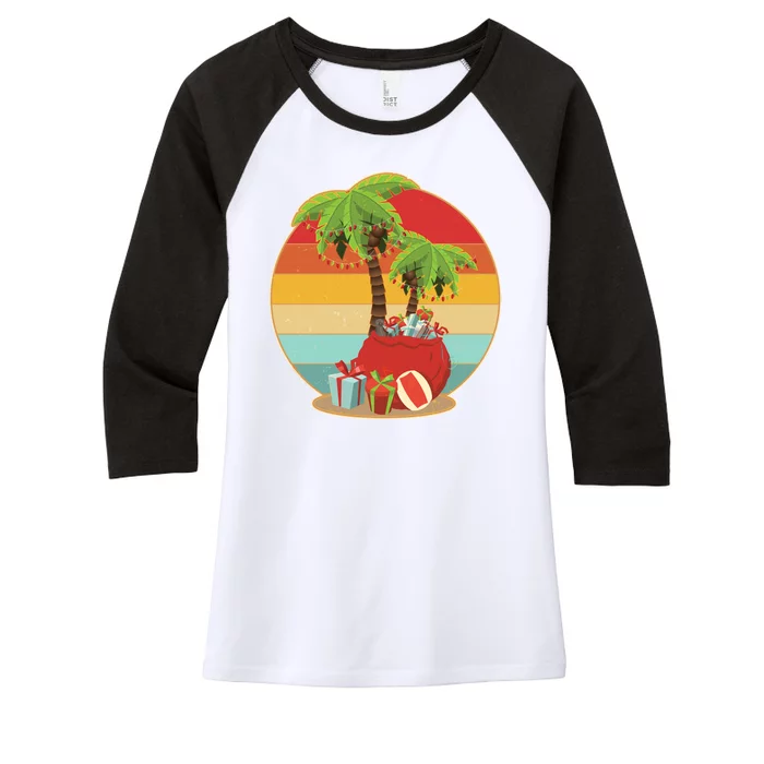 Vintage Christmas Palm Tree and Presents Christmas In July Women's Tri-Blend 3/4-Sleeve Raglan Shirt