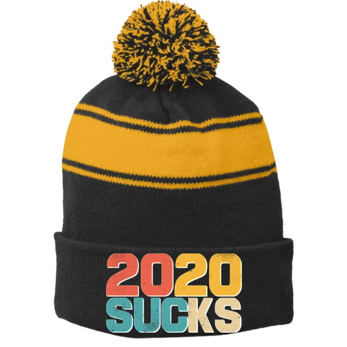 Vintage Distressed 2020 Sucks Stripe Pom Pom Beanie