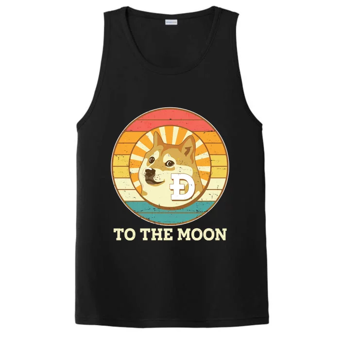 Vintage Dogecoin To The Moon Meme Emblem Performance Tank