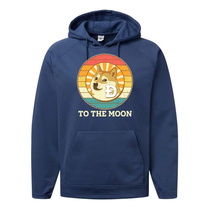 Vintage Dogecoin To The Moon Meme Emblem Performance Fleece Hoodie