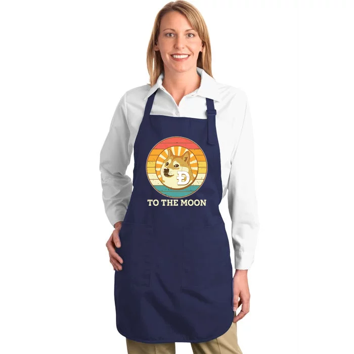 Vintage Dogecoin To The Moon Meme Emblem Full-Length Apron With Pocket