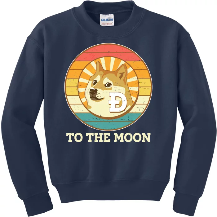 Vintage Dogecoin To The Moon Meme Emblem Kids Sweatshirt