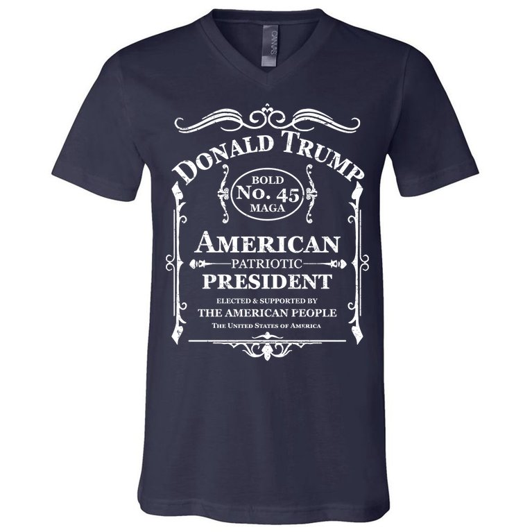 Vintage Donald Trump No 45 Bold MAGA Whisky Label V-Neck T-Shirt
