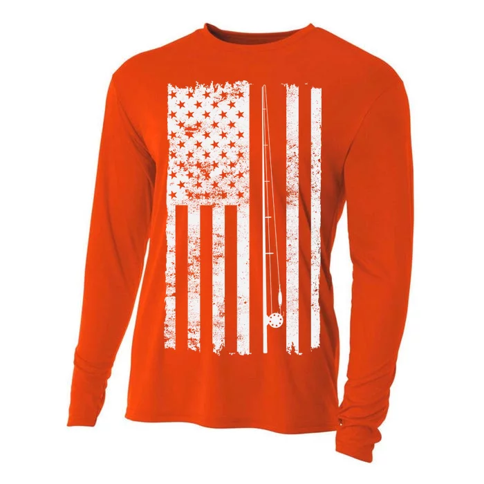 Vintage Fishing American Flag Pole Cooling Performance Long Sleeve Crew