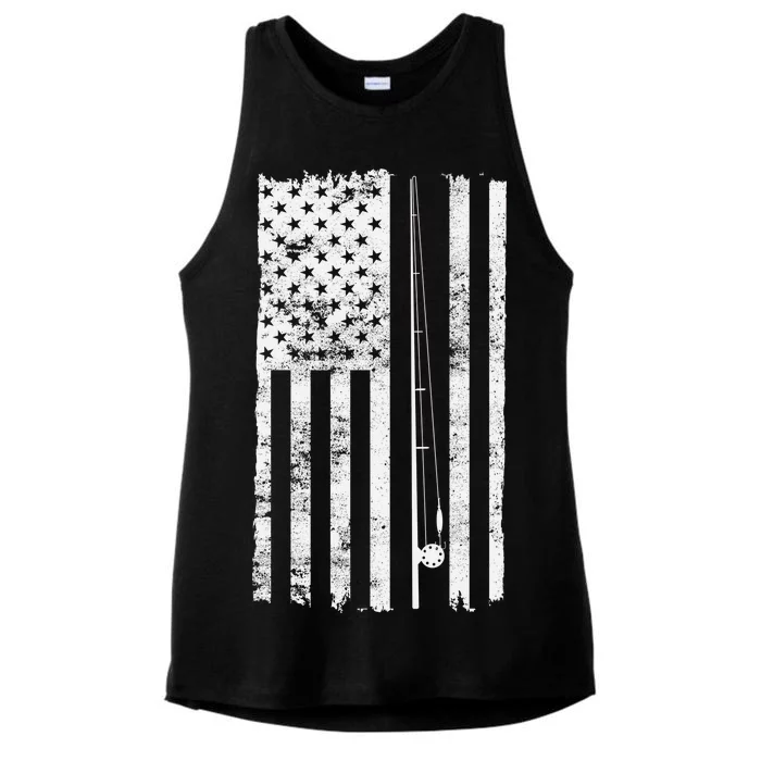 Vintage Fishing American Flag Pole Ladies Tri-Blend Wicking Tank