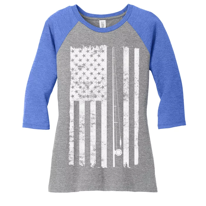 Vintage Fishing American Flag Pole Women's Tri-Blend 3/4-Sleeve Raglan Shirt