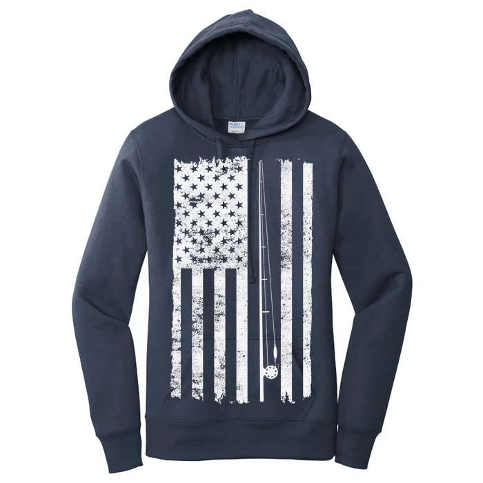 Vintage Fishing American Flag Pole Women's Pullover Hoodie