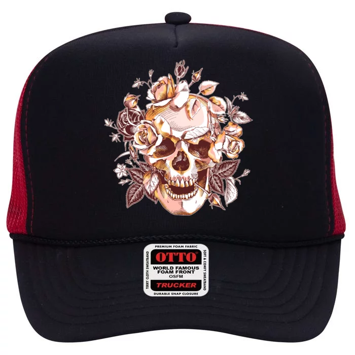 Vintage Floral Flower Skull High Crown Mesh Trucker Hat