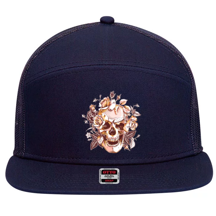 Vintage Floral Flower Skull 7 Panel Mesh Trucker Snapback Hat