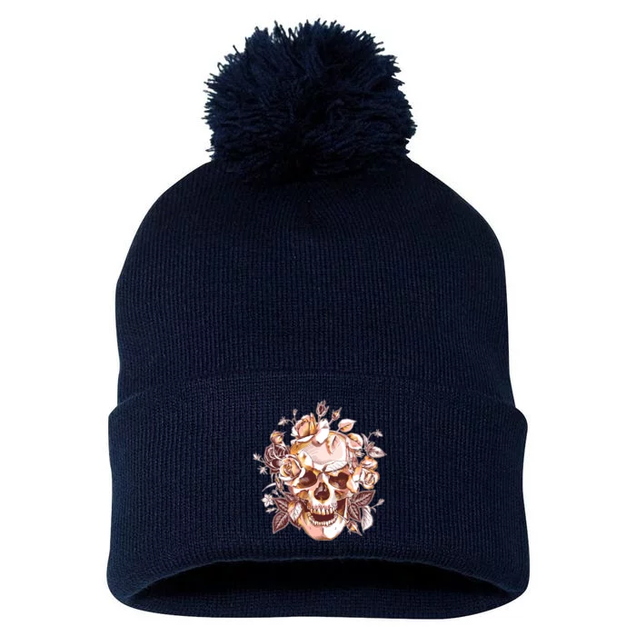 Vintage Floral Flower Skull Pom Pom 12in Knit Beanie