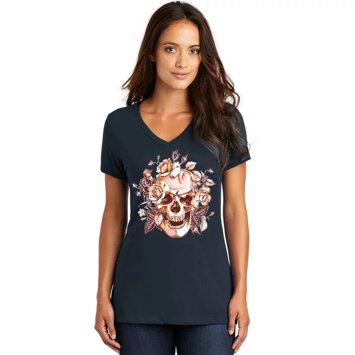 Vintage Floral Flower Skull Women's V-Neck T-Shirt