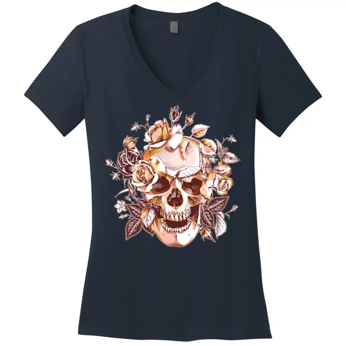 Vintage Floral Flower Skull Women's V-Neck T-Shirt