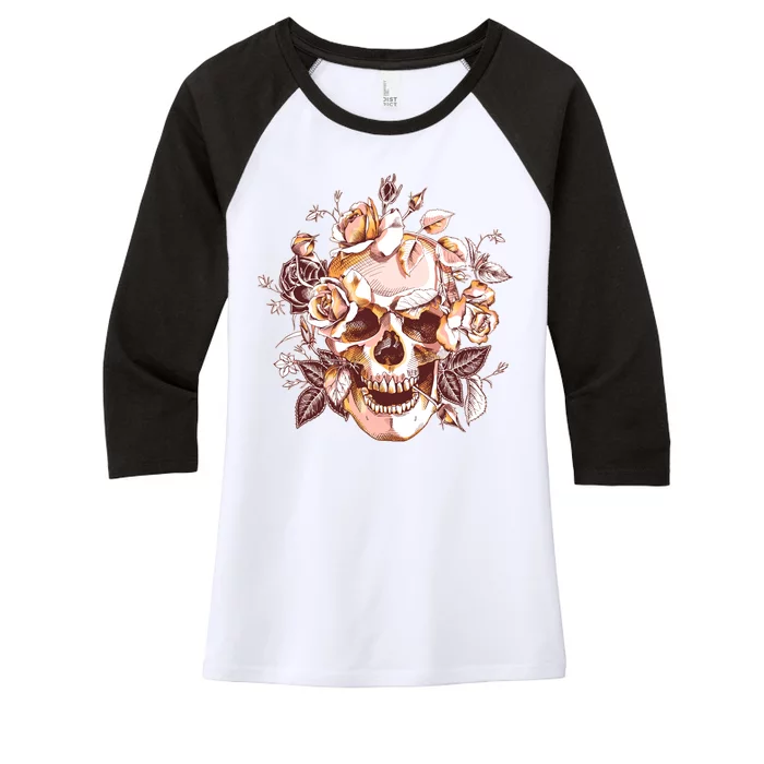 Vintage Floral Flower Skull Women's Tri-Blend 3/4-Sleeve Raglan Shirt