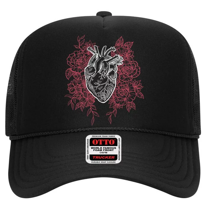 Vintage Floral Medical Heart Tattoo Design High Crown Mesh Trucker Hat