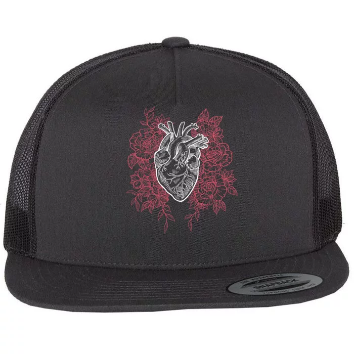 Vintage Floral Medical Heart Tattoo Design Flat Bill Trucker Hat