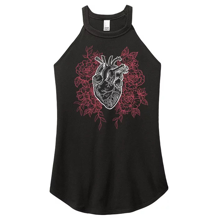 Vintage Floral Medical Heart Tattoo Design Women’s Perfect Tri Rocker Tank