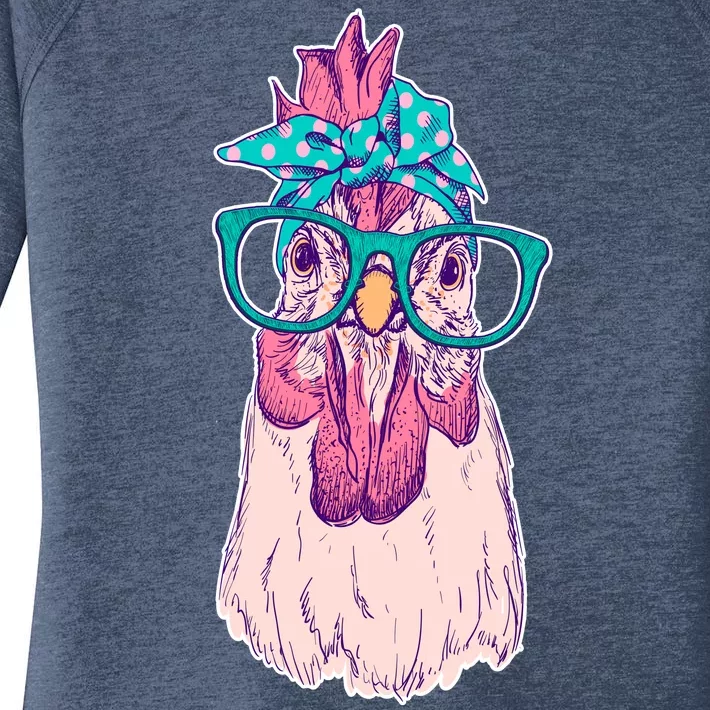 Vintage Funny Cute Chicken Hen With Glasses And Bandana Women's Perfect Tri Tunic Long Sleeve Shirt