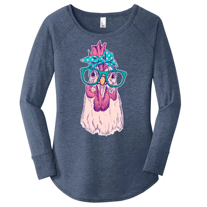 Vintage Funny Cute Chicken Hen With Glasses And Bandana Women's Perfect Tri Tunic Long Sleeve Shirt