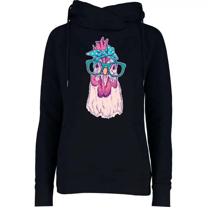 Vintage Funny Cute Chicken Hen With Glasses And Bandana Womens Funnel Neck Pullover Hood