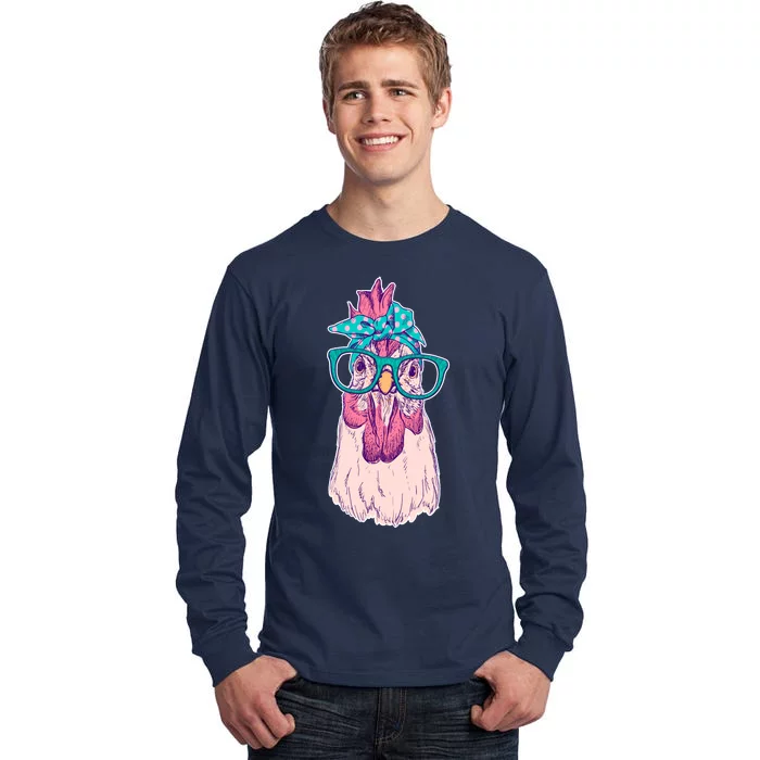 Vintage Funny Cute Chicken Hen With Glasses And Bandana Tall Long Sleeve T-Shirt