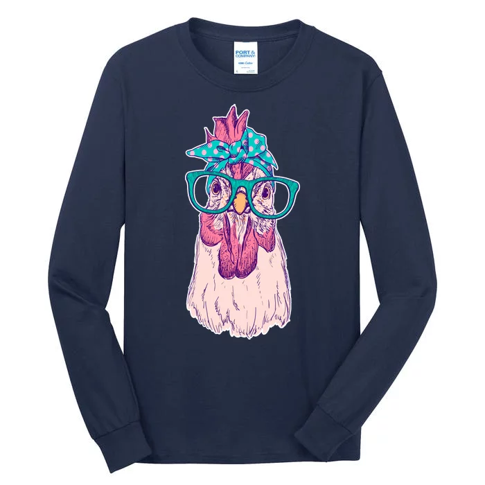 Vintage Funny Cute Chicken Hen With Glasses And Bandana Tall Long Sleeve T-Shirt