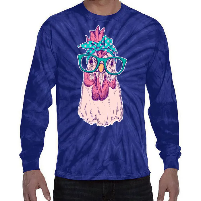 Vintage Funny Cute Chicken Hen With Glasses And Bandana Tie-Dye Long Sleeve Shirt