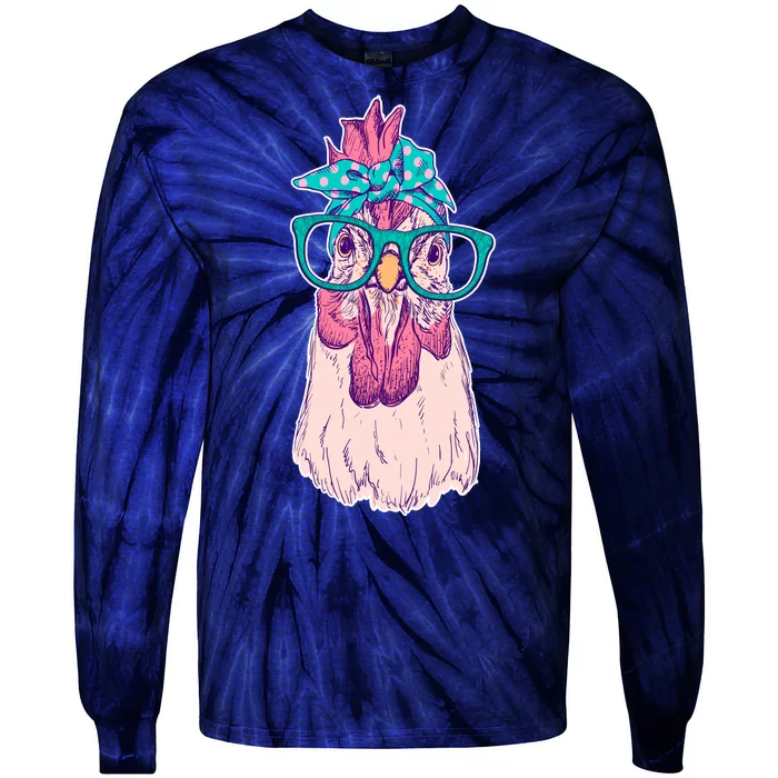 Vintage Funny Cute Chicken Hen With Glasses And Bandana Tie-Dye Long Sleeve Shirt