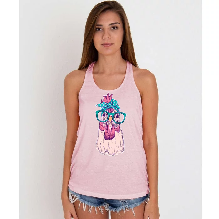 Vintage Funny Cute Chicken Hen With Glasses And Bandana Women's Knotted Racerback Tank