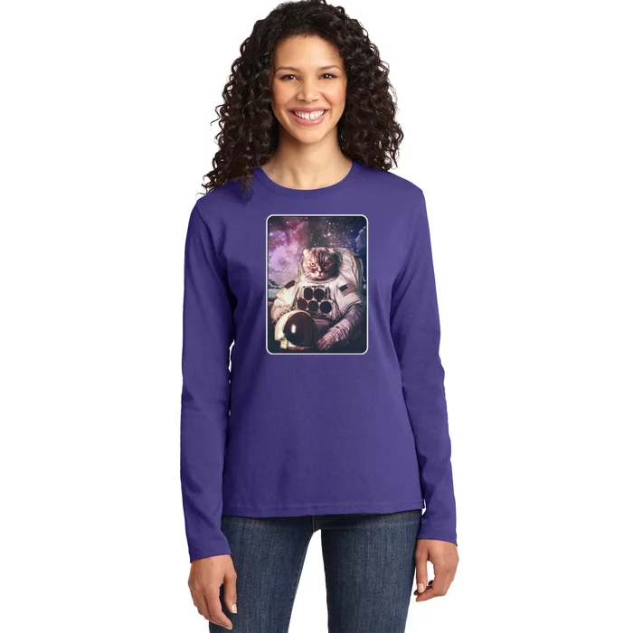 Vintage Galaxy Space Astronaut Cat Ladies Long Sleeve Shirt