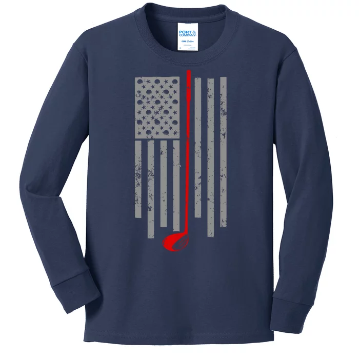 Vintage Golf American Flag USA Kids Long Sleeve Shirt