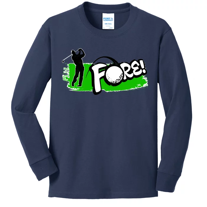 Vintage Golfer Swinging and Saying Fore Kids Long Sleeve Shirt