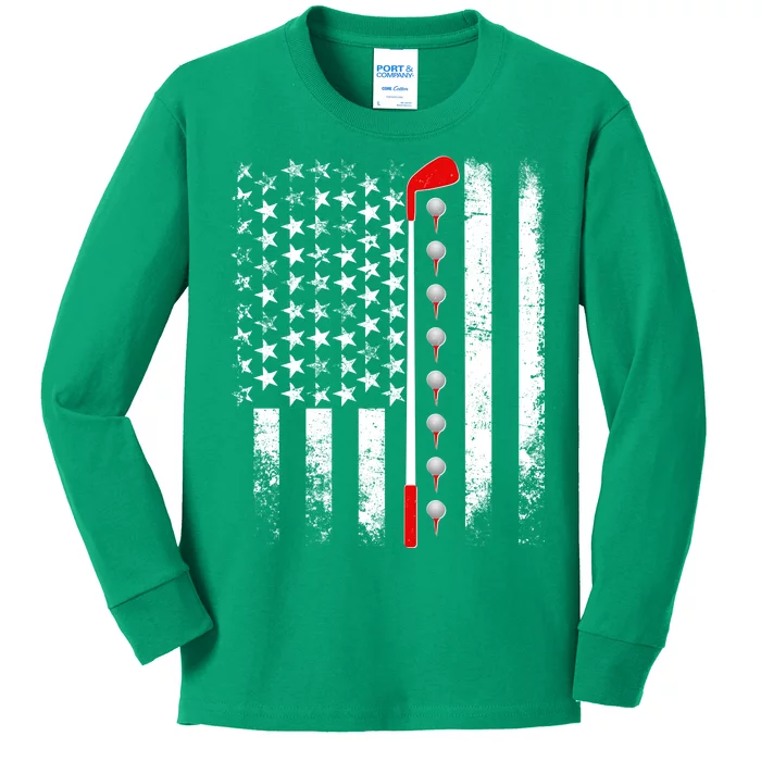 Vintage Golfing American Flag Golf Club Kids Long Sleeve Shirt