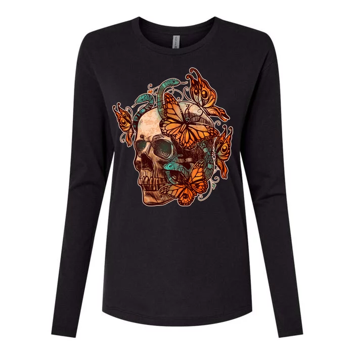 Vintage Graphic Skull Snakes And Butterflies Womens Cotton Relaxed Long Sleeve T-Shirt