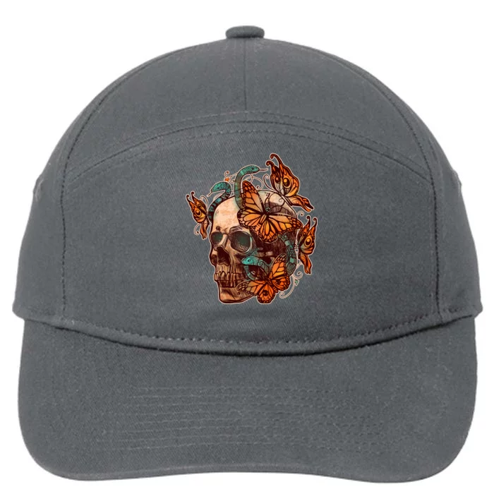 Vintage Graphic Skull Snakes And Butterflies 7-Panel Snapback Hat