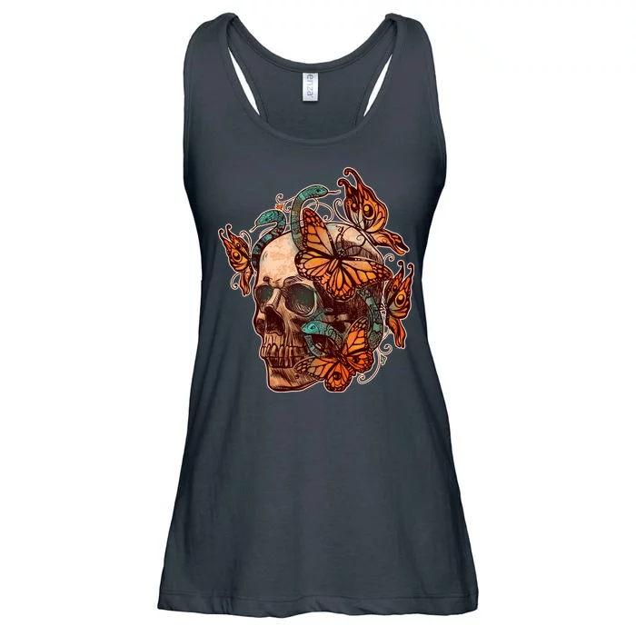 Vintage Graphic Skull Snakes And Butterflies Ladies Essential Flowy Tank